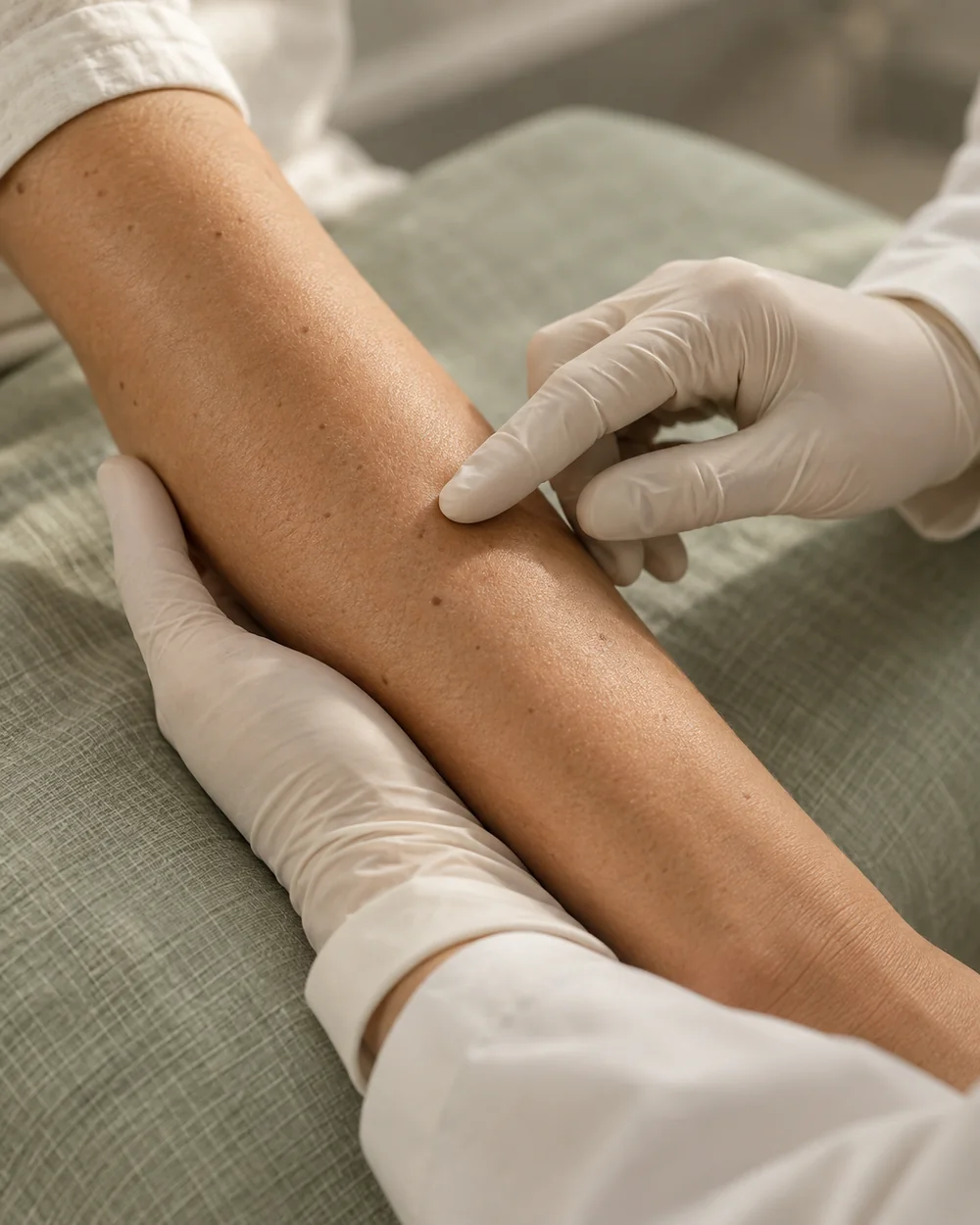 Behutsame dermatologische Untersuchung der Haut am Unterarm